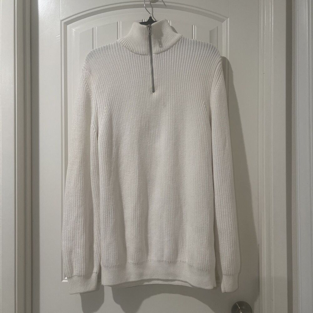 Zara High Neck Men’s Textured White Quarter Zip Jumper Sweater 100% Cotton Sz M